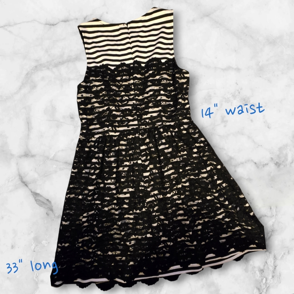 Soprano Girls dress, black and white striped black lace overlay